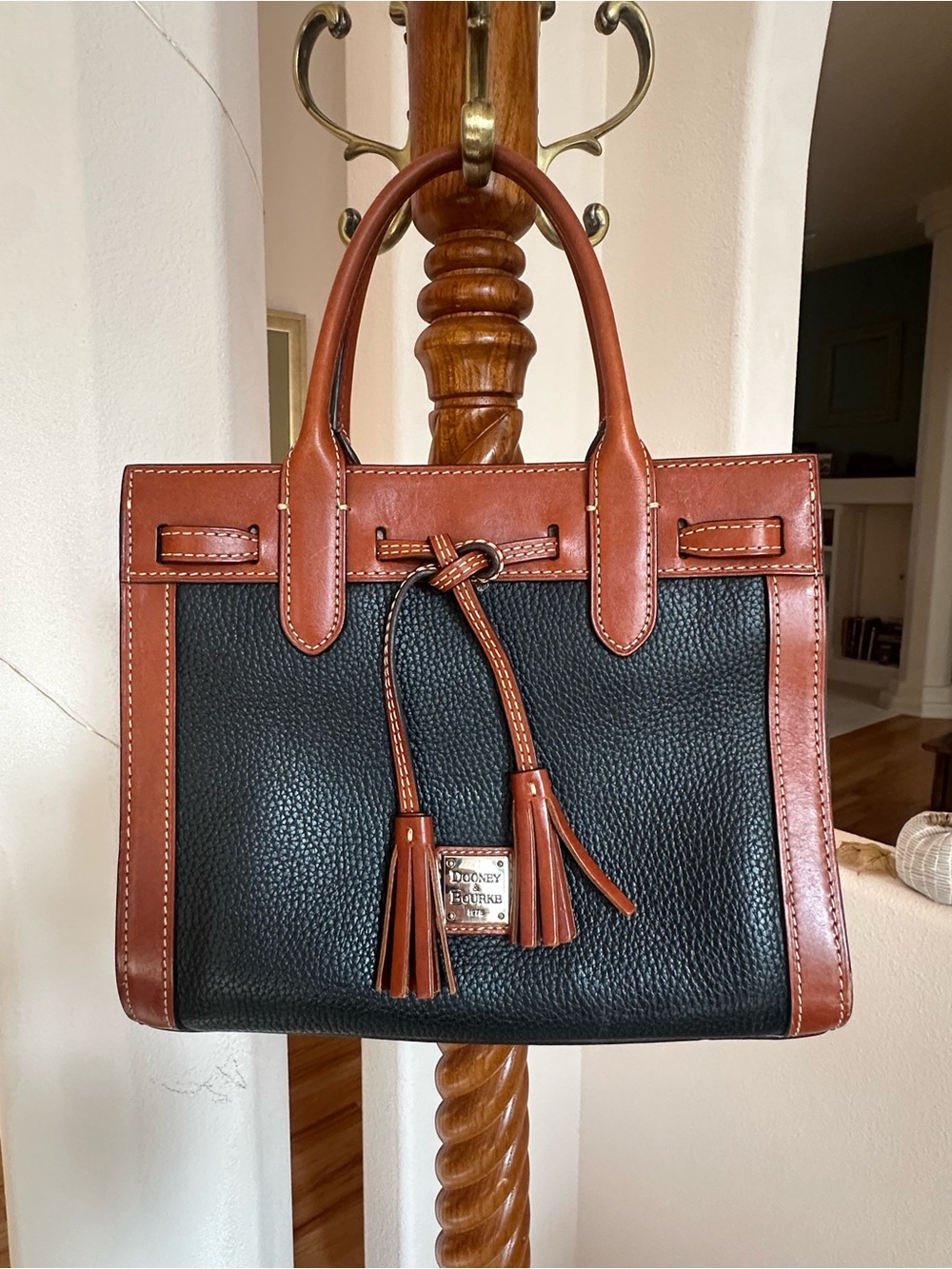 Dooney & Bourke Black Pebbled Leather Satchel with Brown Trim